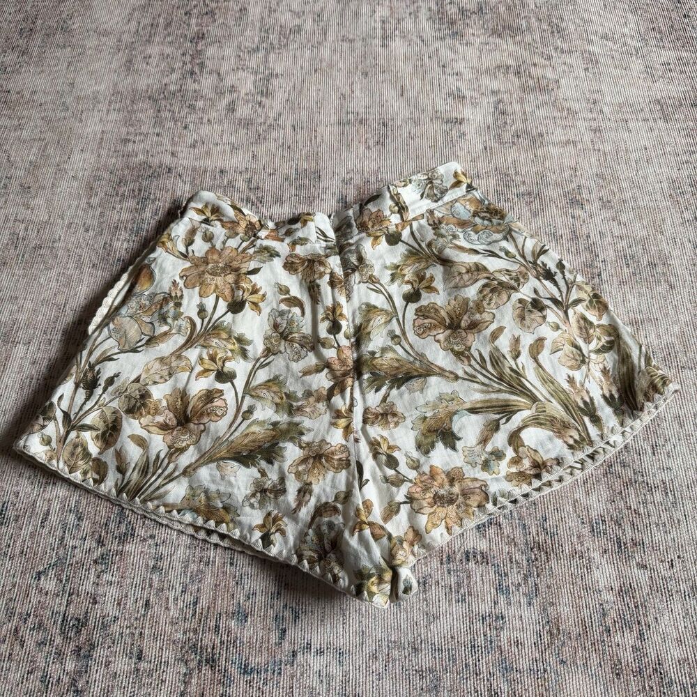 Zimmerman CHINTZ TUCK SHORT Linen Crème Floral Shorts Beige Brown (No Belt) US 8 - Picture 5 of 16